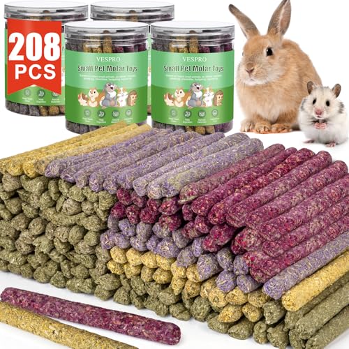 VESPRO 208Pcs Rabbit Chew Sticks Guinea Pig Toys Natural Timothy Grass Molar Teeth Stick Mixing Flowers Roses Calendula and Forget Me Not Small Animals Treats