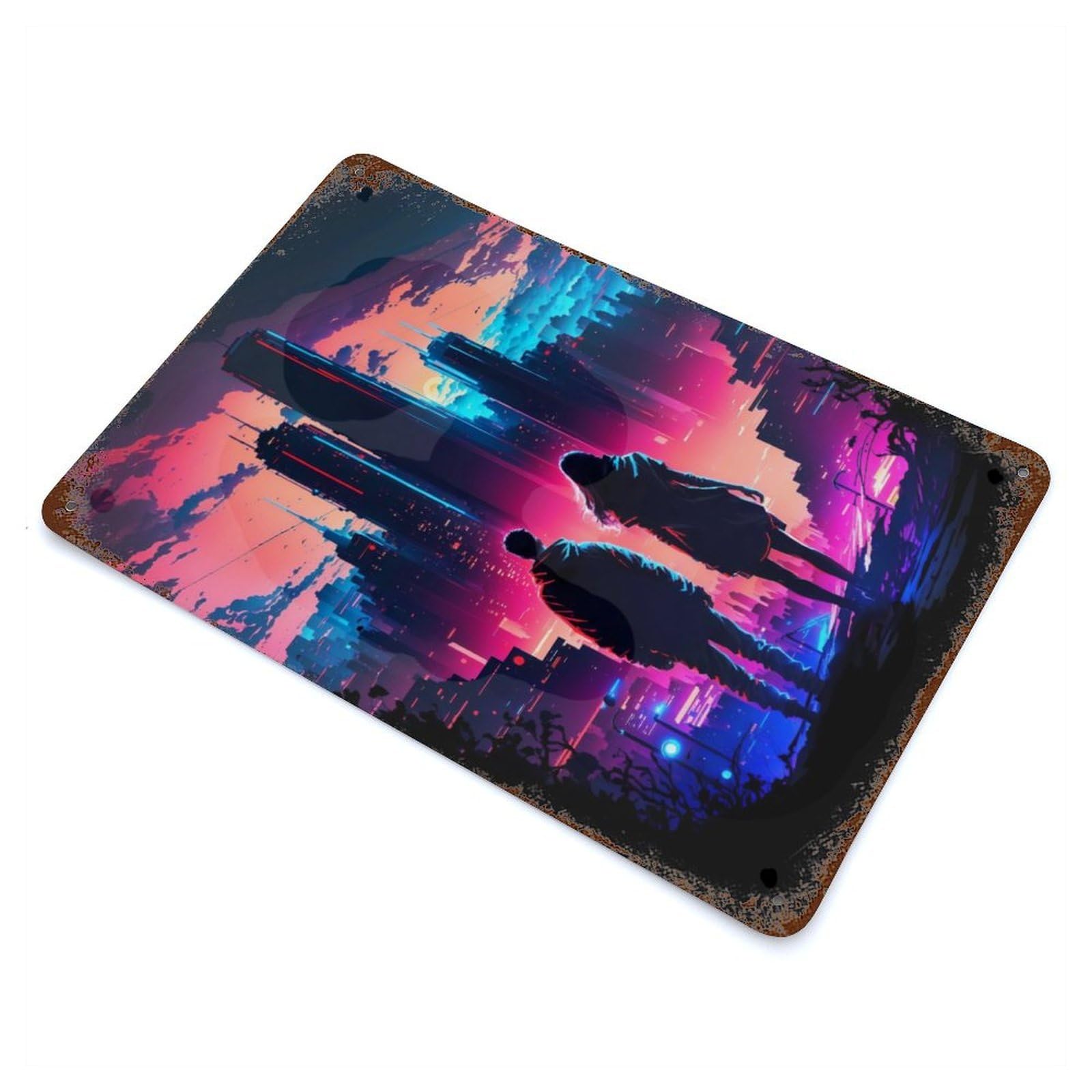 Futuristic Hues City 11.8"x7.9" Rust Effect Tin Sign, Industrial Home Decor for Living Room, Hallway And Home Decor