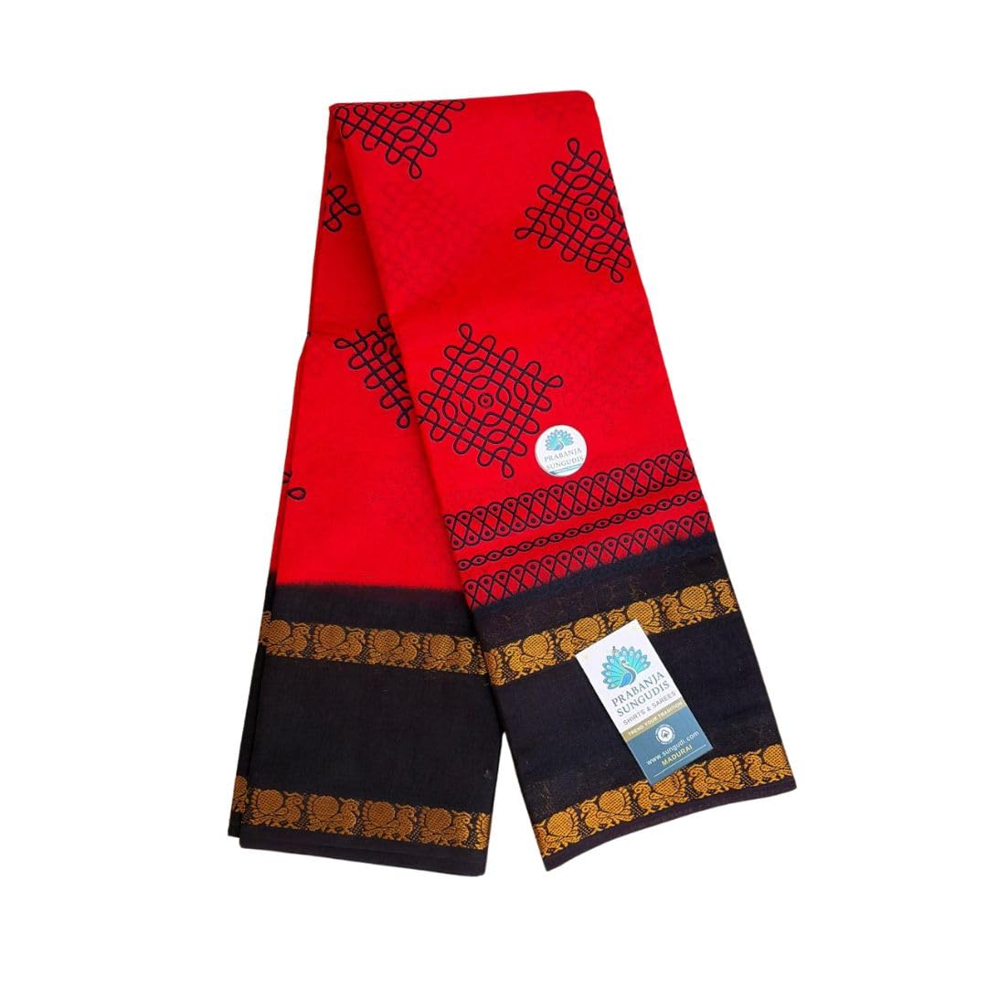 Sungudi Sarees - Sungudi Cotton Sarees, Cotton Saree, Red and Navy Blue with Gold Border, Traditional Kolam Design without Blouse-image-5