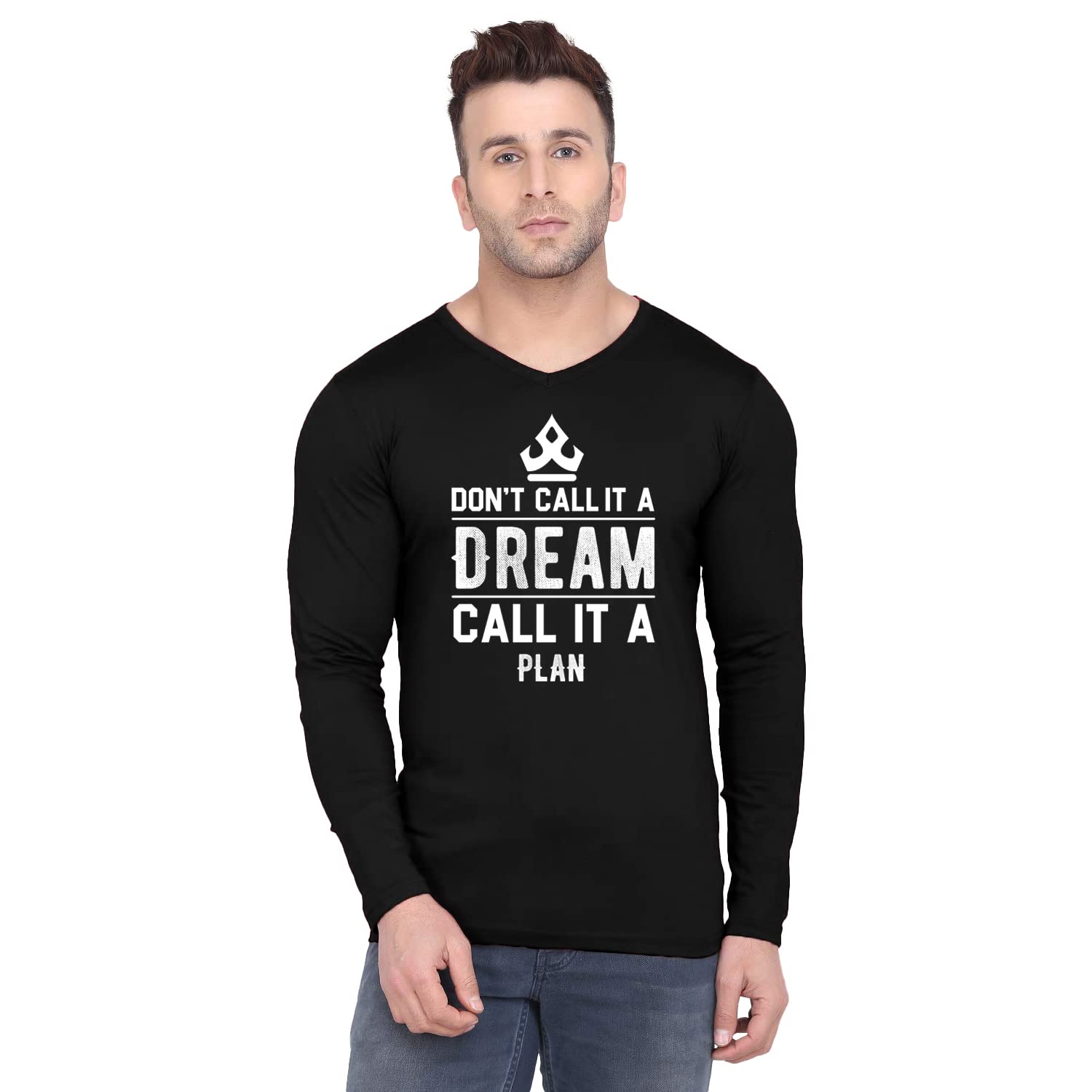 Fashions Love Men Cotton Full Sleeve V Neck Dont Call it a Dream Call It a Plan Printed T Shirt FSV-0430