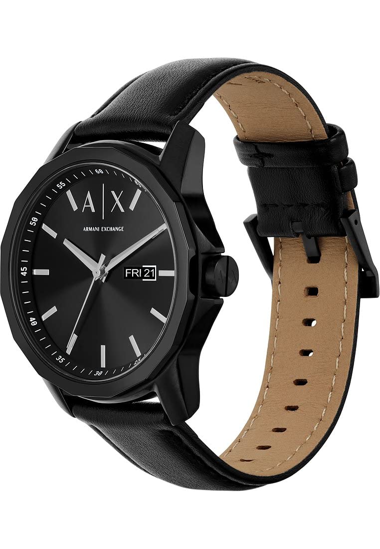 Armani Exchange Orologio da uomo, Movimento al quarzo con data giornaliera a tre lancette e cassa da 44 mm con cinturino in acciaio o in pelle