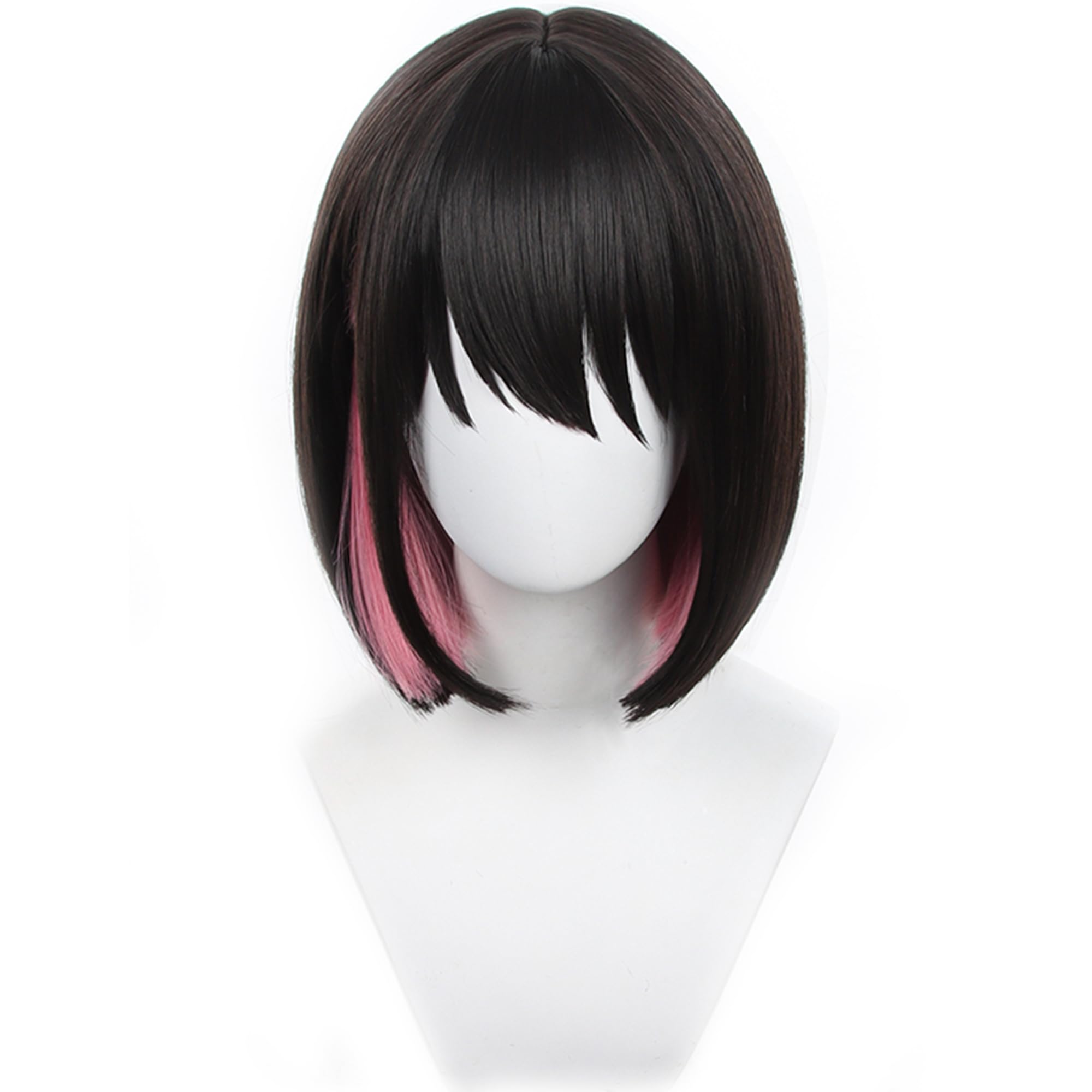 Black Mixed Pink Bob Short Cosplay Wig with Straight Heat Resistant Synthetic Costume Hair for Women Men Halloween Cos Anime Party Replacement Wigs