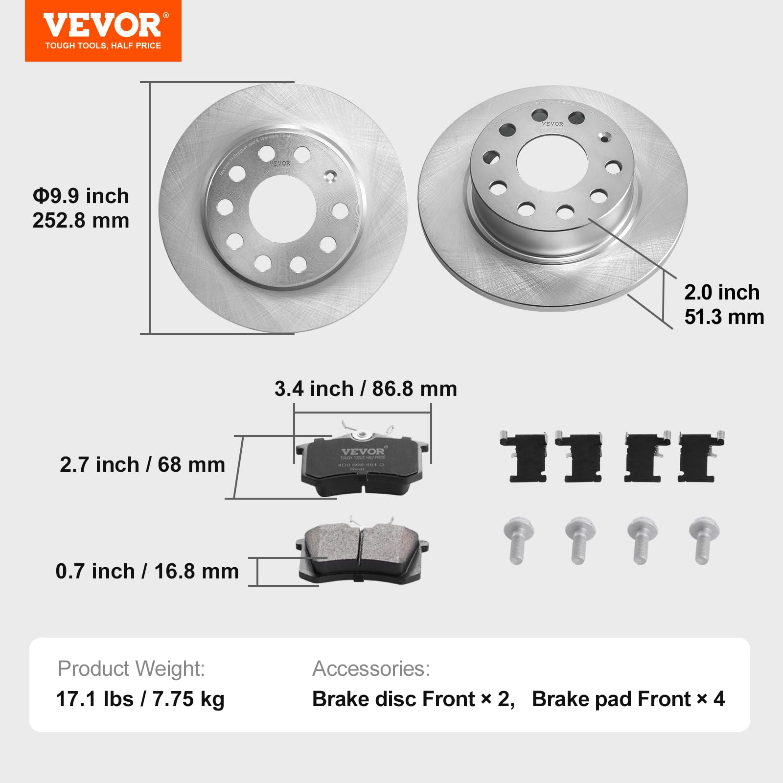 VEVOR Kit Freno Posteriore Compatibile 252,8 mm Dischi Freno 7,75 kg con Audi A3 (8P), VW Golf 5 6, Seat LEON, SKODA OCTAVIA, ALTEA, Kit di Sostituzione Pastiglie Freno in Ceramica, Rotori Posteriori
