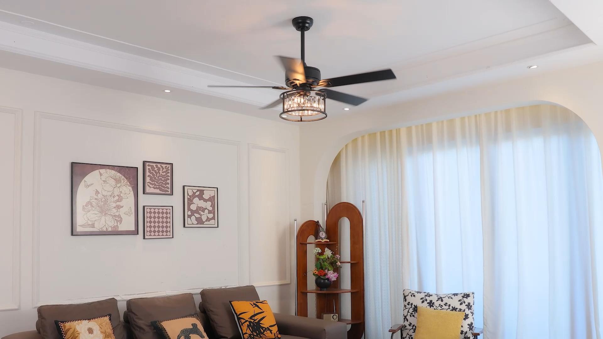 Image of 52'' Black Chandelier Fan Crystal Farmhouse Ceiling Fan with Light