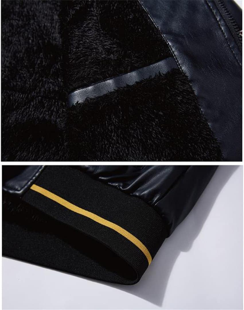 Alloaone Men Winter Embroidery Leather Jacket Fleece Baseball PU Jacket Stand Collar Windbreaker