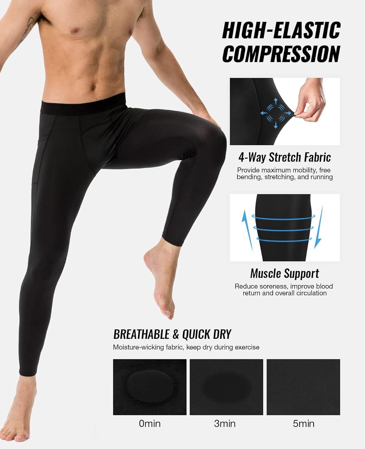 SPVISE 1 or 3 Pack Men's Sports Compression Pants Running Workout Leggings Dry Fit Gym Basketball Athletic Base Layer Bottoms - Image 4