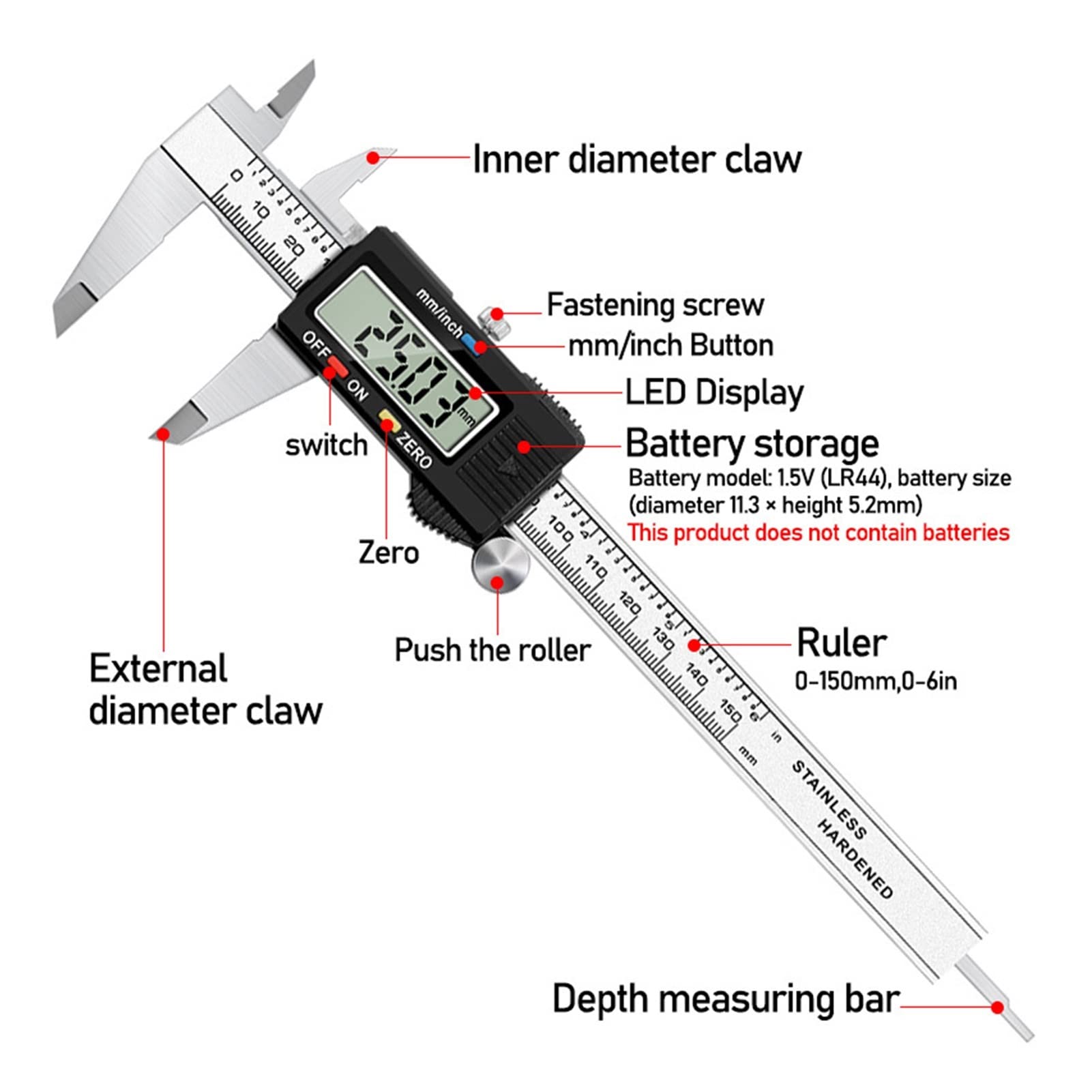 Suwmiarka cyfrowa, Cyfrowy Vernier Caliper 6 calowy 0-150mm Elektroniczny zacisk pomiarowy ze stali nierdzewnej(Calipers box)