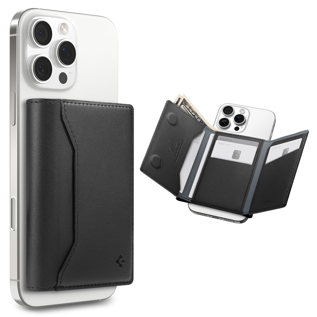 Spigen Valentinus S (MagFit) Magnetic Wallet Card Holder [7-Cards, Cash] Trifold Wallet Stand MagSafe compatible with iPhone 16 Pro Max / 16 Pro / 16 Plus / 16 / iPhone 15/14/13/12 series - Black