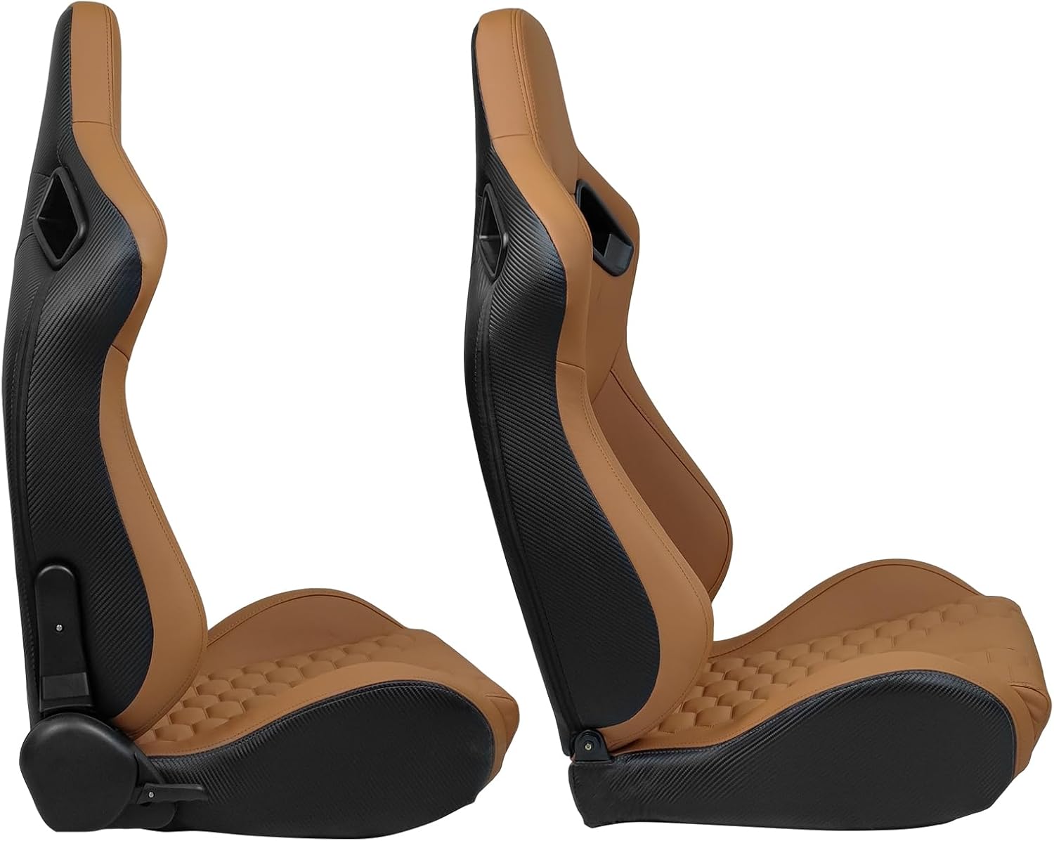 IKON MOTORSPORTS, Universal Racing Seats with Dual Sliders, Reclinable Brown PU + Carbon Leather with Hexagonal Quilting Sport Bucket Seats, 1 Pair Driver + Passenger Side