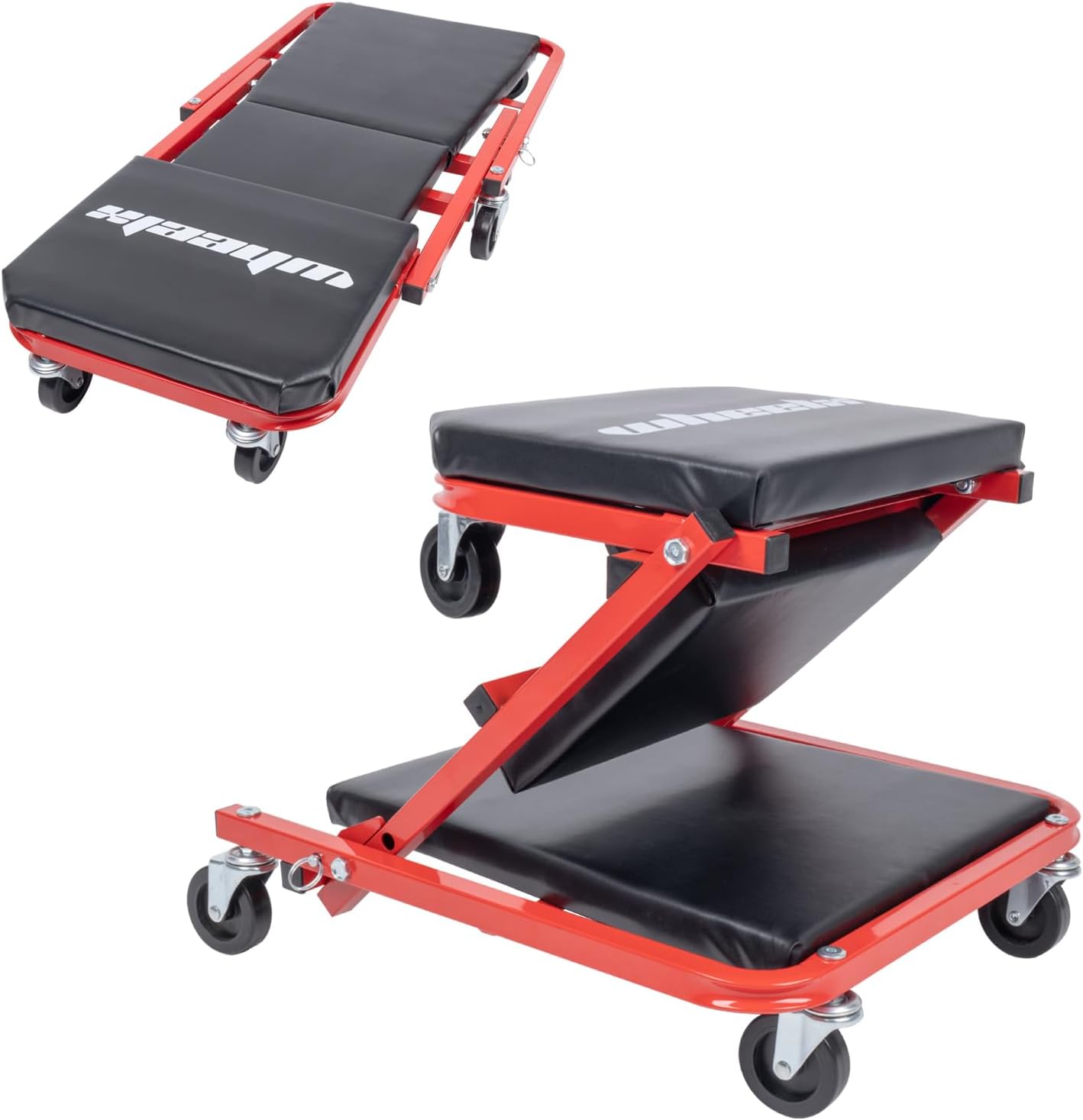 Mechanic Creeper 36 Inches 2-in-1 Z Seat 340 lbs Capacity, Foldable Garage Chair Adjustable Rolling Folding with 6 pcs Wheels Roller, Lay Down or Sit, Under Car, Auto Repair Shop Red Black 2-in-1 Mode