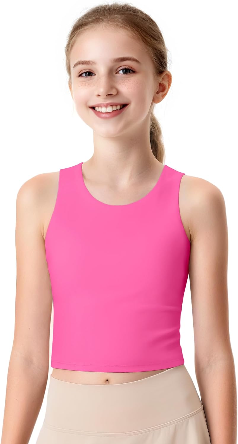 JOCMIC Girls Tank Tops Athletic Shirts Double-Lined Racerback Workout Crop Tops High Elasticity for Gymnastics Yoga Hot Pink 7-8 Years