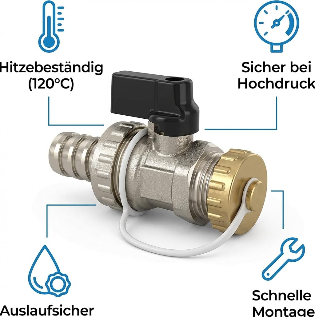 KFE Kugelhahn 3/4" – Füll- und Entleerungsventil für Kessel, vernickeltes Messing, 10 Bar, 120°C
