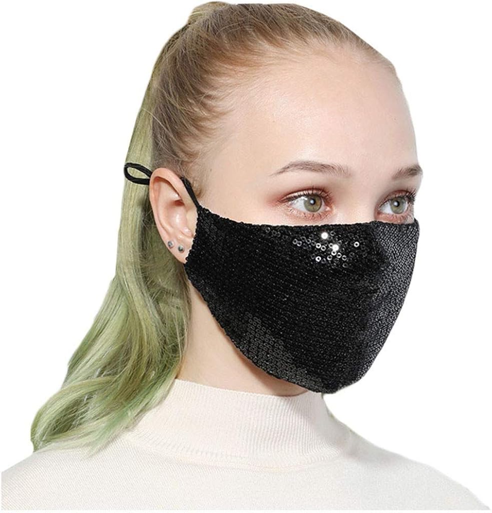 2 Pack Face Sacrf Washable Reusable, Pattern Anti-Dust Mouth Protective Soft Ear Loops Cotton Face Bandana for Party School Outdoor (Glitter-Black&Silver)
