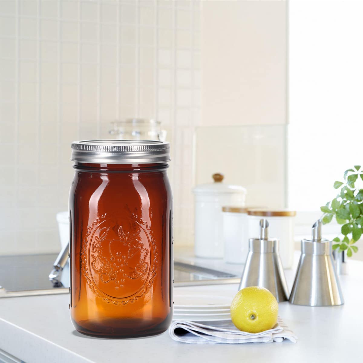 eleganttime Tarros de vidrio ámbar de 32 onzas de boca ancha, paquete de 6, tarros de conservas de cuarto de galón con tapas herméticas y bandas para enlatar, congelar, fermentar, conservar, bebidas y