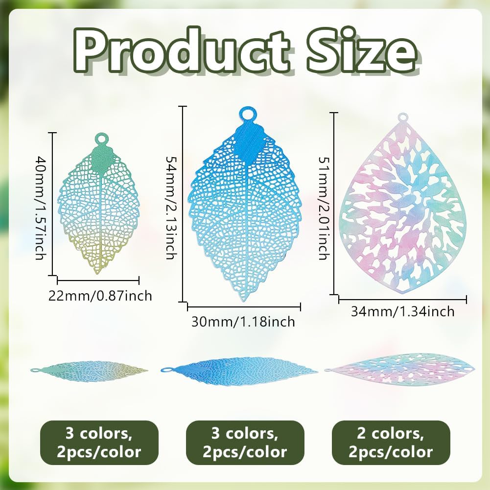 AHANDMAKER 16Pcs 8 Colors Hollow Leaf Charms, Colorful Stainless Steel Geometric Dangle Pendants Shiny Filigree Metal Embellishments for Jewelry Making Necklaces Bracelets Earrings DIY Crafts - Image 2