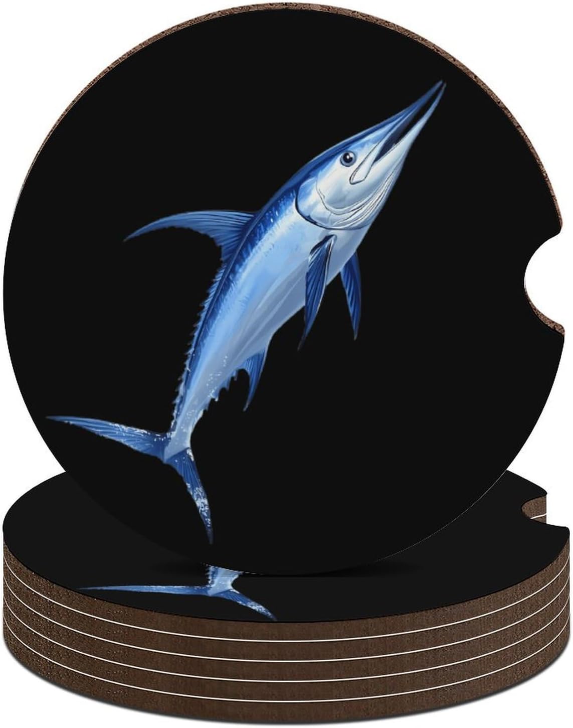 Blue Marlin Fish Cute Car Coasters 2.56 Inch Absorbent Cup Holder for Drinks Auto Interior Accessories