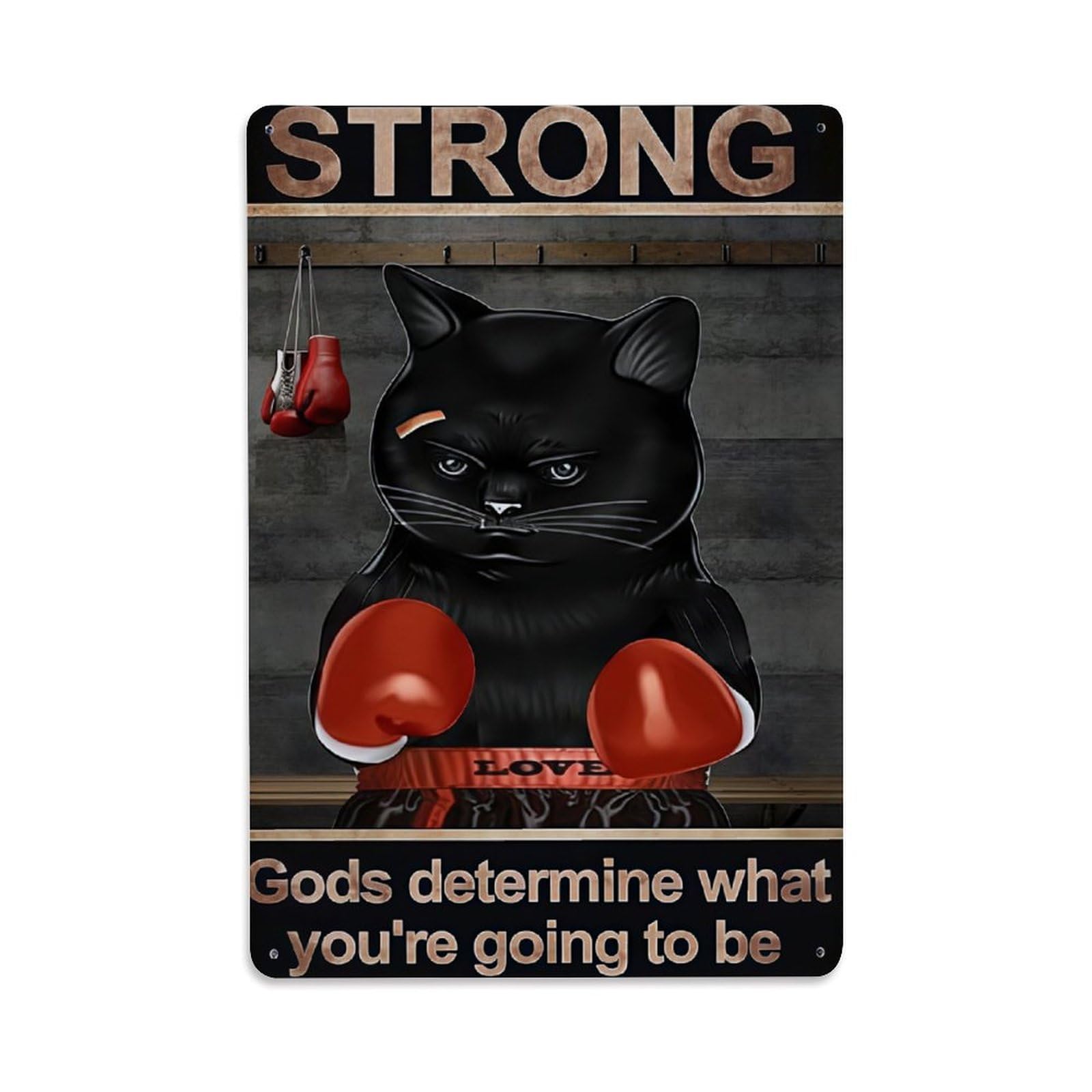 Black Boxing Cat Strong Motivational Art Print Vintage Aluminium Metal Sign, Retro Wall Decor for Home, Bar, Garage & Farmhouse 30x20cm