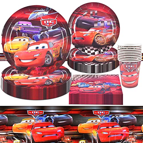 ZeYou 51 Piezas Vajilla Cars Cumpleaños, Decoraciones de fiesta de cumpleaños para niños Car Theme Birthday For Kids Boy Mantel Vajilla Servilletas Tazas para Cumpleaños 10 Invitados