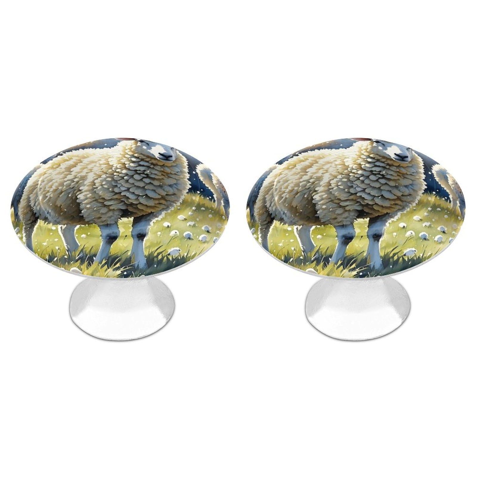 FekiLoot Sheeps Watercolor Cabinet Knobs Simple Drawer Handles Aluminum Alloy Kitchen Pulls Round Cabinet Door Knobs with Screw Door Hardware for Dresser Cabinets 2 Pack