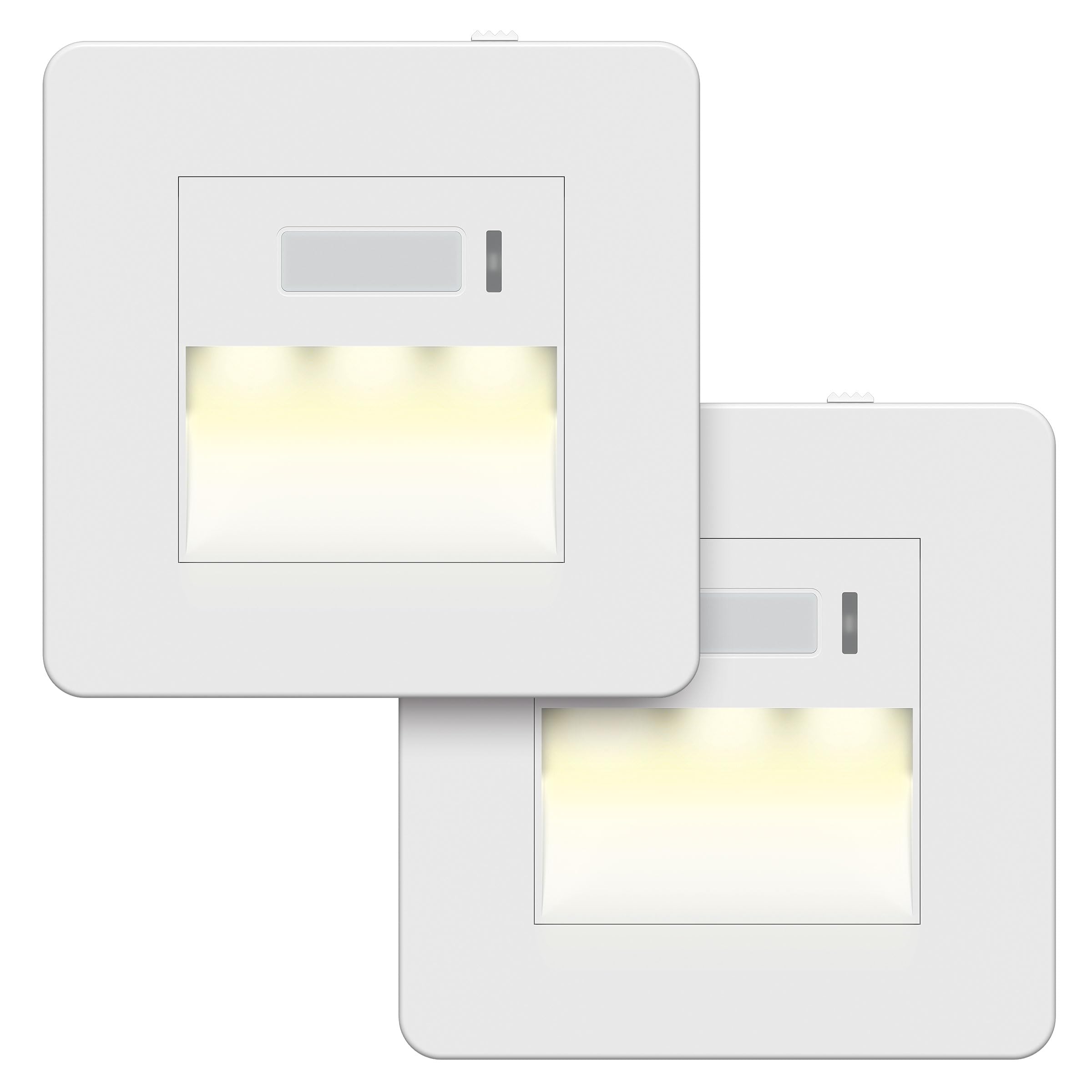 LIDER Full Guide Light with PIR Motion Sensor, No Earth, Neutral Required, In-Wall Auto Night Light, Adjustable Brightness & Time Delay, Glossy Finish, UKCA Certified, White, 2-Pack (Not Plug-In)