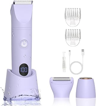 3-in-1 Bikini Trimmer for Women, IPX7 Waterproof Electric Shaver for Women-Rechargeable Electric Razors for Pubic, Facial & Body Hair Trimmer with LED Display, Travel Kit & Painless Blades Purple