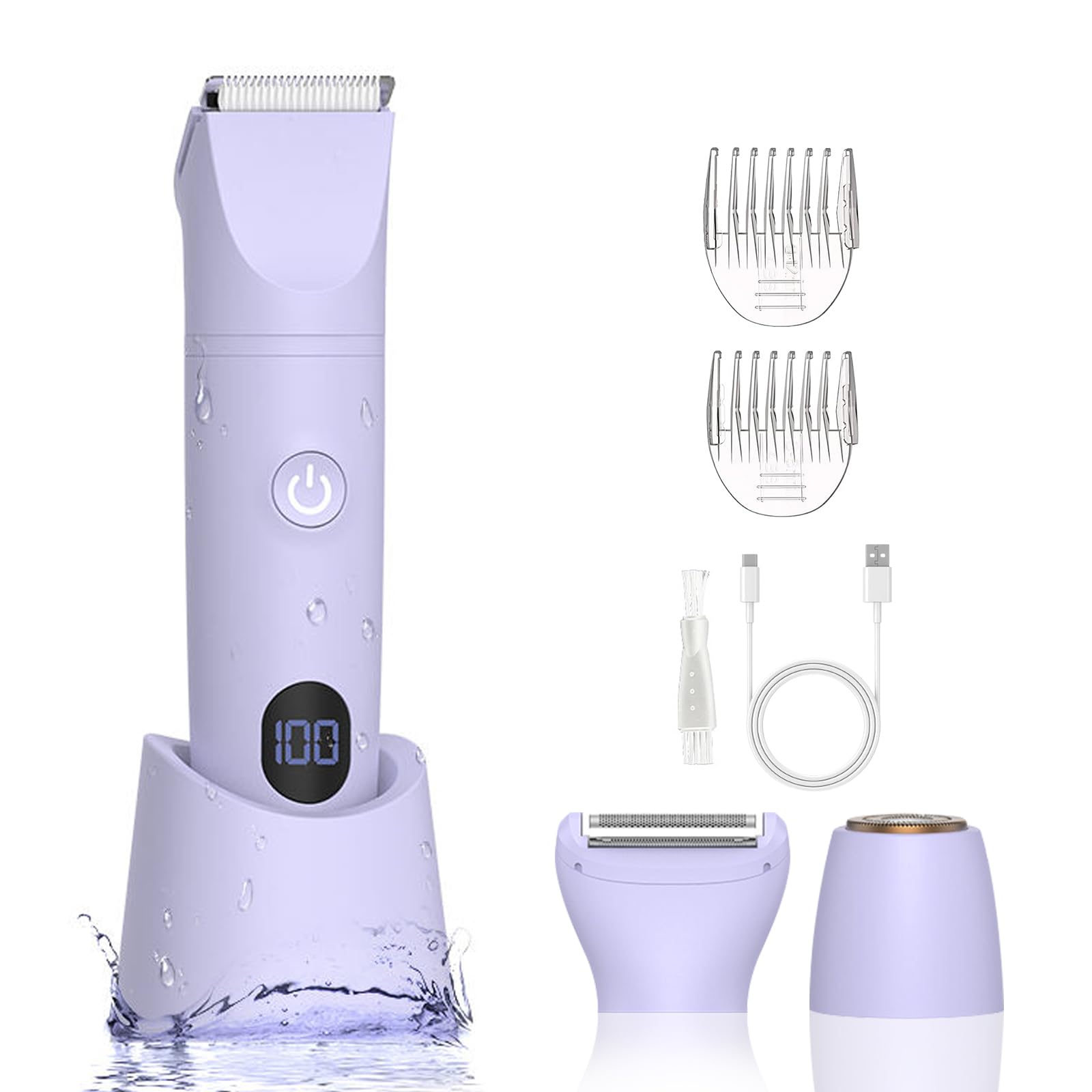 3-in-1 Bikini Trimmer for Women, IPX7 Waterproof Electric Shaver for Women-Rechargeable Electric Razors for Pubic, Facial & Body Hair Trimmer with LED Display, Travel Kit & Painless Blades (Purple)
