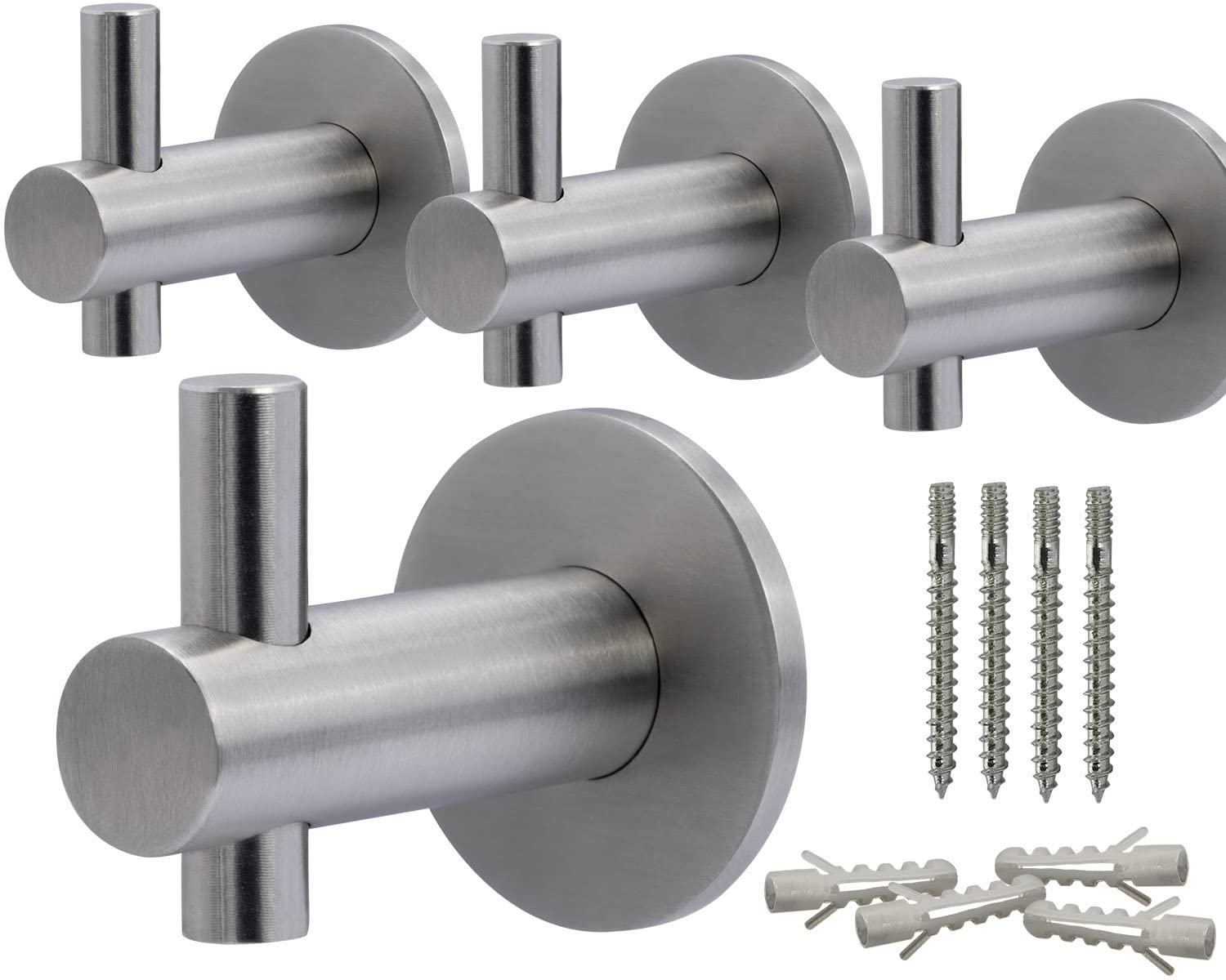 Neuhall 4 x Wall Hooks, Clothes Hooks, Wall Towel Hooks, Brushed Stainless Steel, Rust-Free Coat Hooks