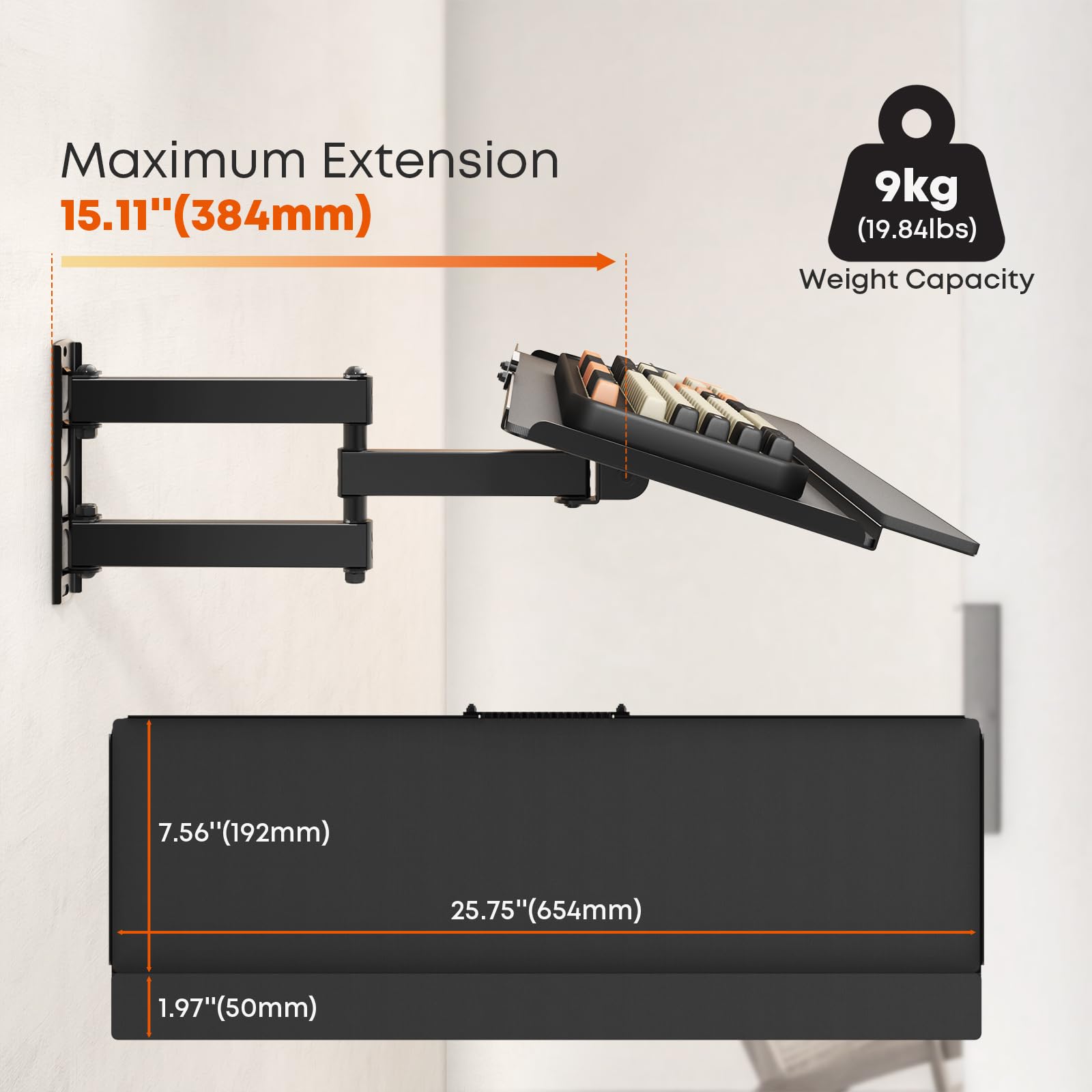 PUTORSEN Supporto da parete per tastiera con braccio girevole – Supporta 9kg, inclinazione -20° a 3°, rotazione ±180°, ergonomico per home office e officina, nero