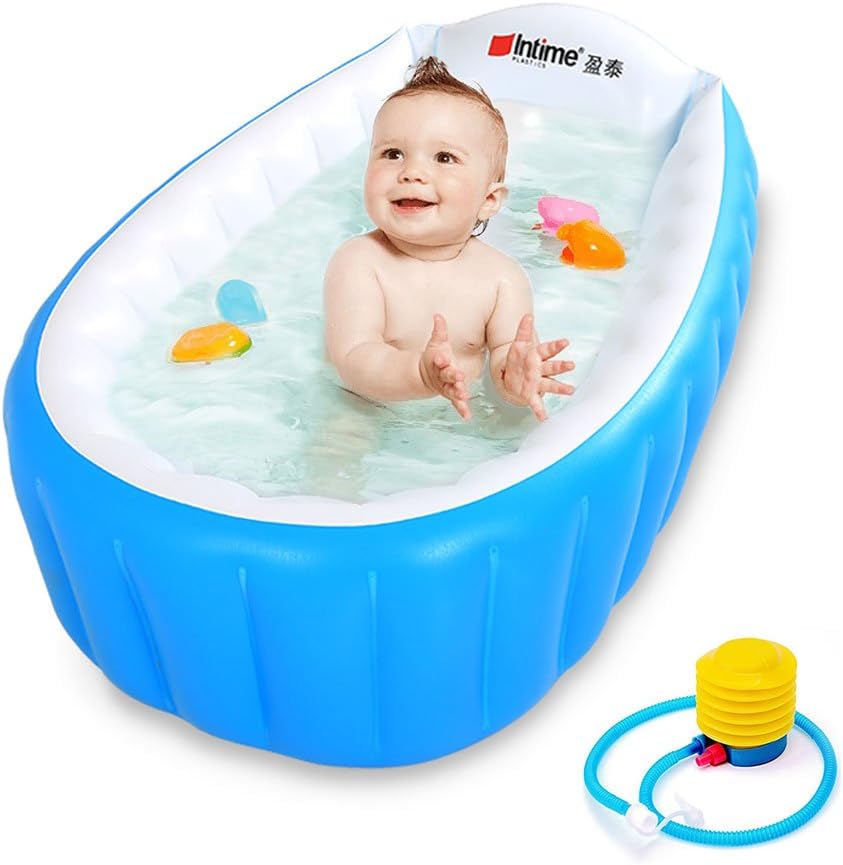 Baby Inflatable Bathtub Intime Children Anti-slippery Swimming Pool Foldable Travel Air Shower Basin Seat Baths Big Size (For 0-3 Years) with air pump (Blue)