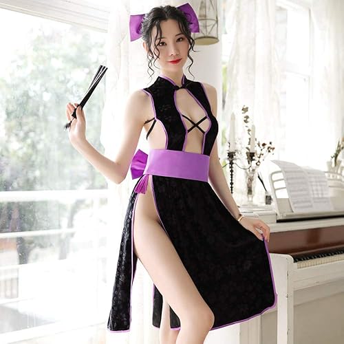Miniatura 3 de YOMORIO Sexy Cheongsam - Vestido de fiesta alta con tirantes cruzados y espalda cruzada para cosplay de anime