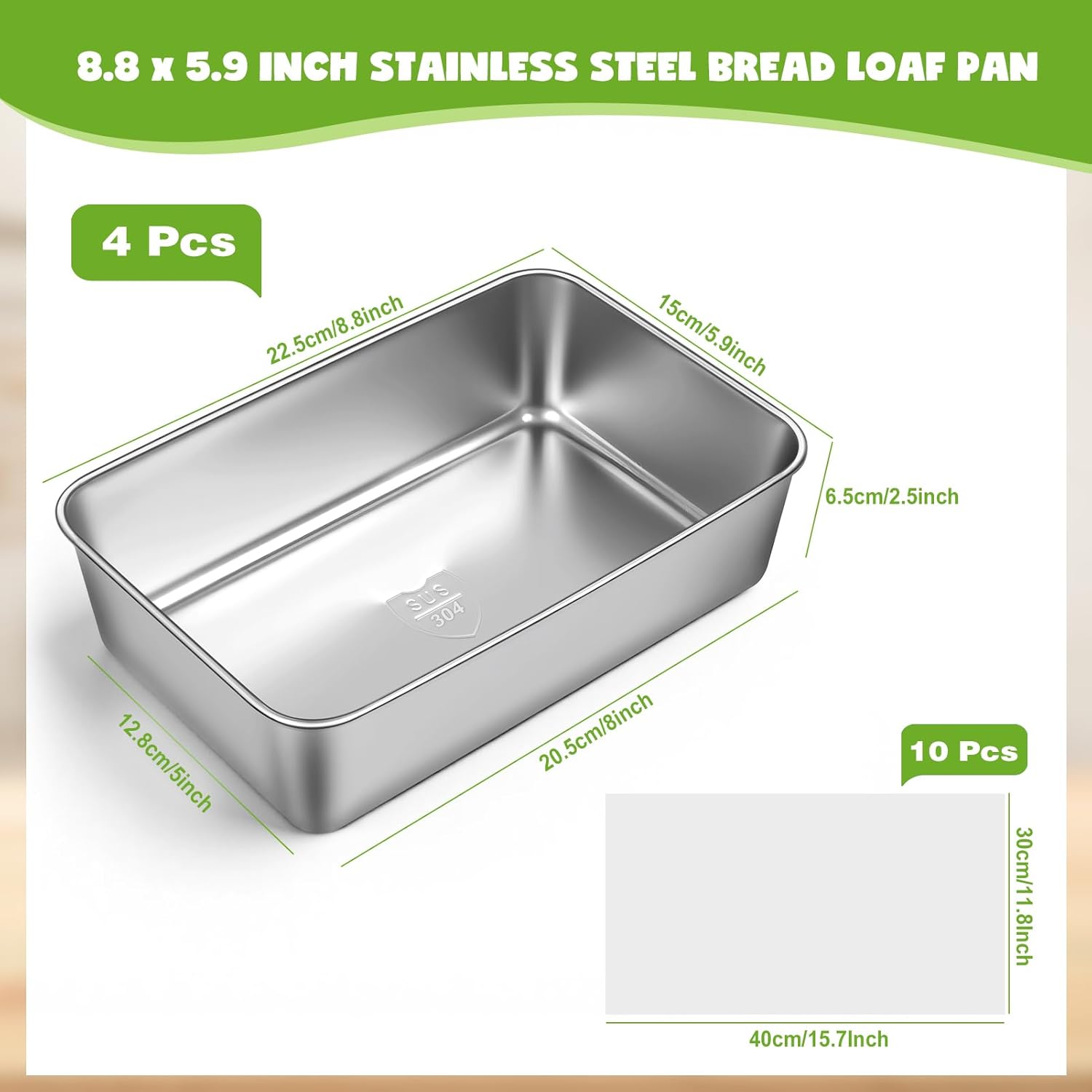 4 Packs 8.8×5.9 Inch Loaf Pans for Baking Bread, 304 Stainless Steel Loaf Bread Pan with Parchment Paper Liners, Metal Bakeware for Bread, Meatloaf, Cake Brownies, Easy Release, Oven & Dishwasher Safe