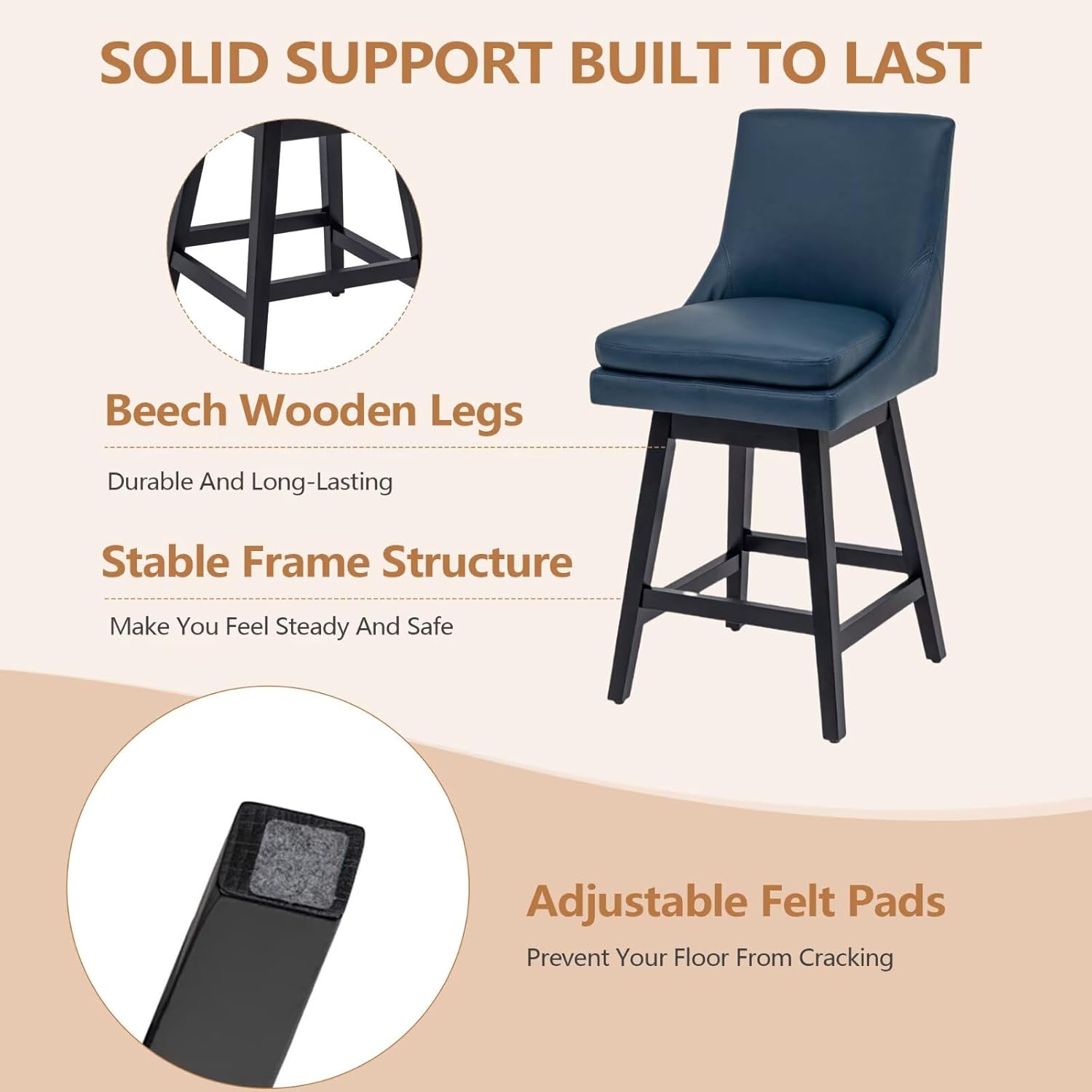 26" Swivel Bar Stool, PU Leather Upholstered Counter Height Barstools with 14.2" High Back, Footrest & 350LB Capacity for Kitchen Island, Home Bar Navy Blue