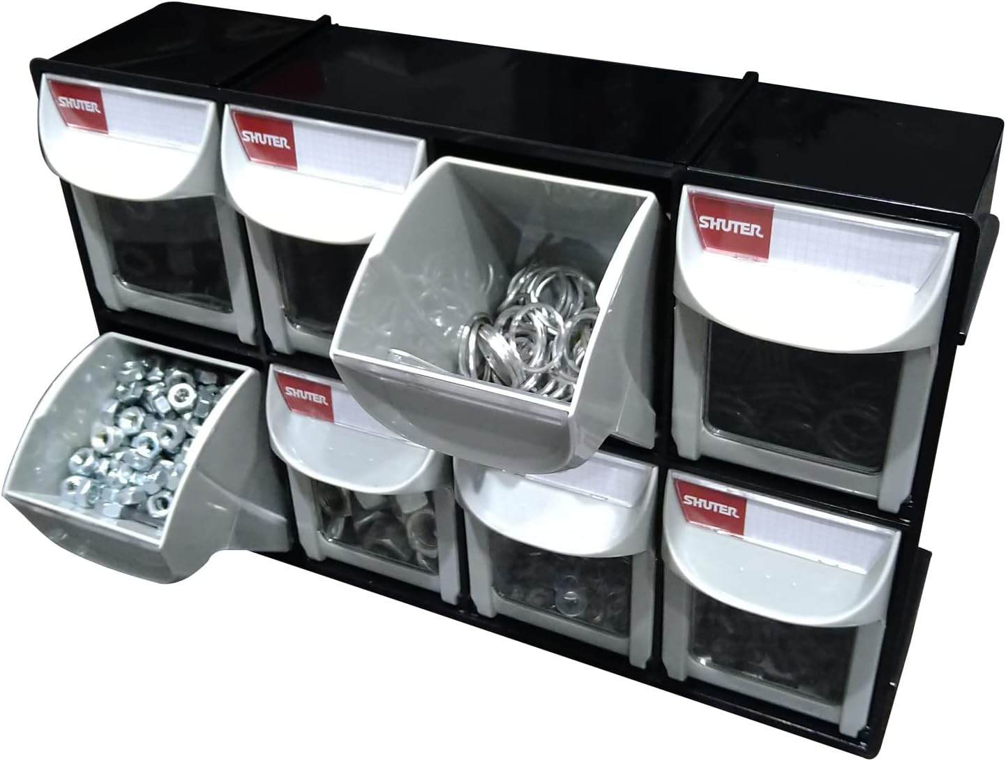 SHUTER Tilt out bin, Storage Container w/8 Drawers, Cabinet for Hardware Parts Craft, Small Parts Storage Organiser, Wall-mounted, Black FO-308-BK
