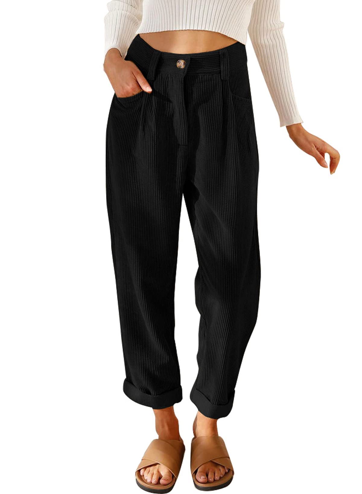 ANGGREK Womens Casual High Waisted Straight Leg Pants Loose Comfy Trousers with Pockets Black Large