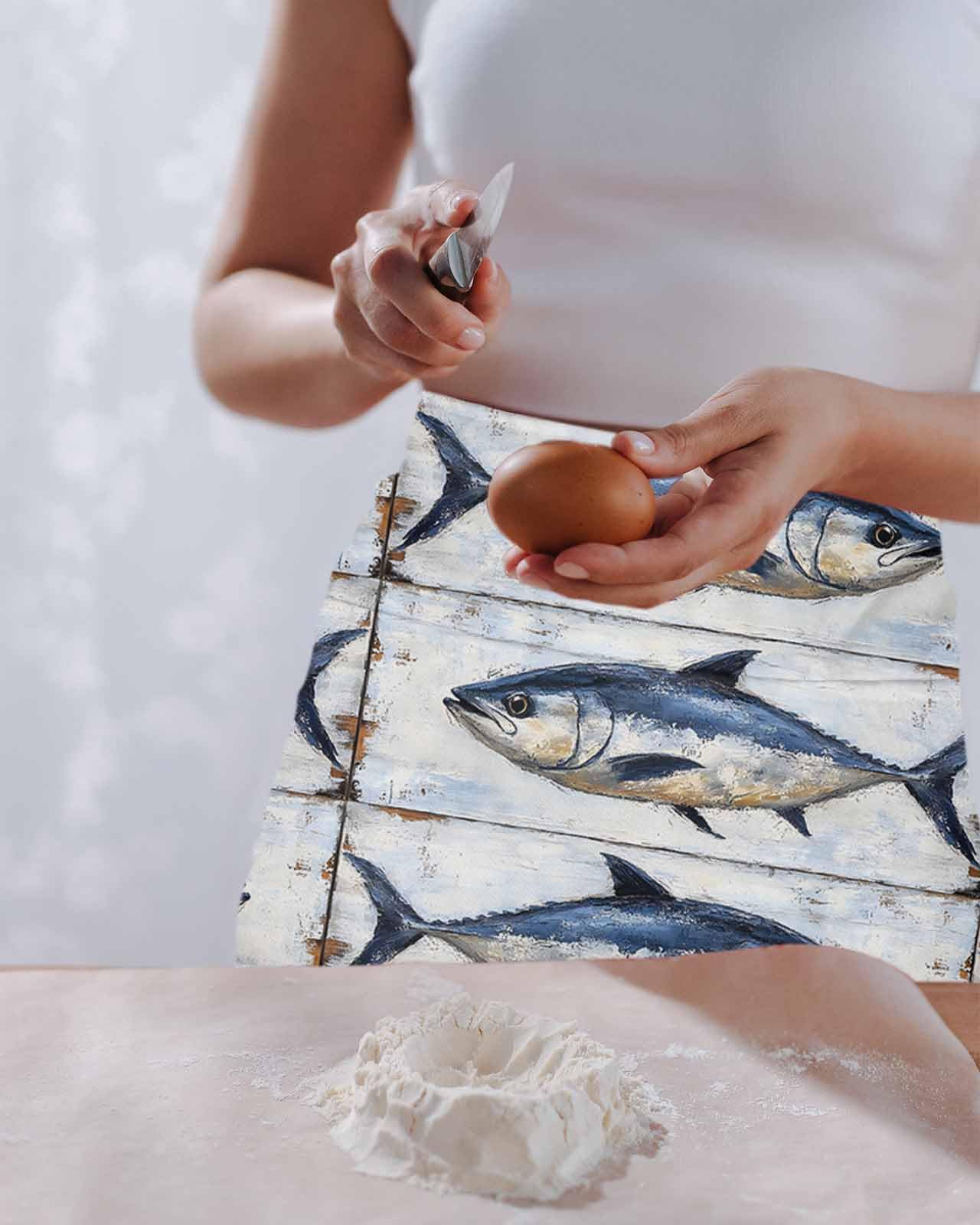 PIEPLE Coastal Fish Server Apron Waitress Aprons with 3 Pockets, Oil Painting Ocean Nautical Beach Half Waist Waiter Aprons Restaurant Chef Aprons for Women Men