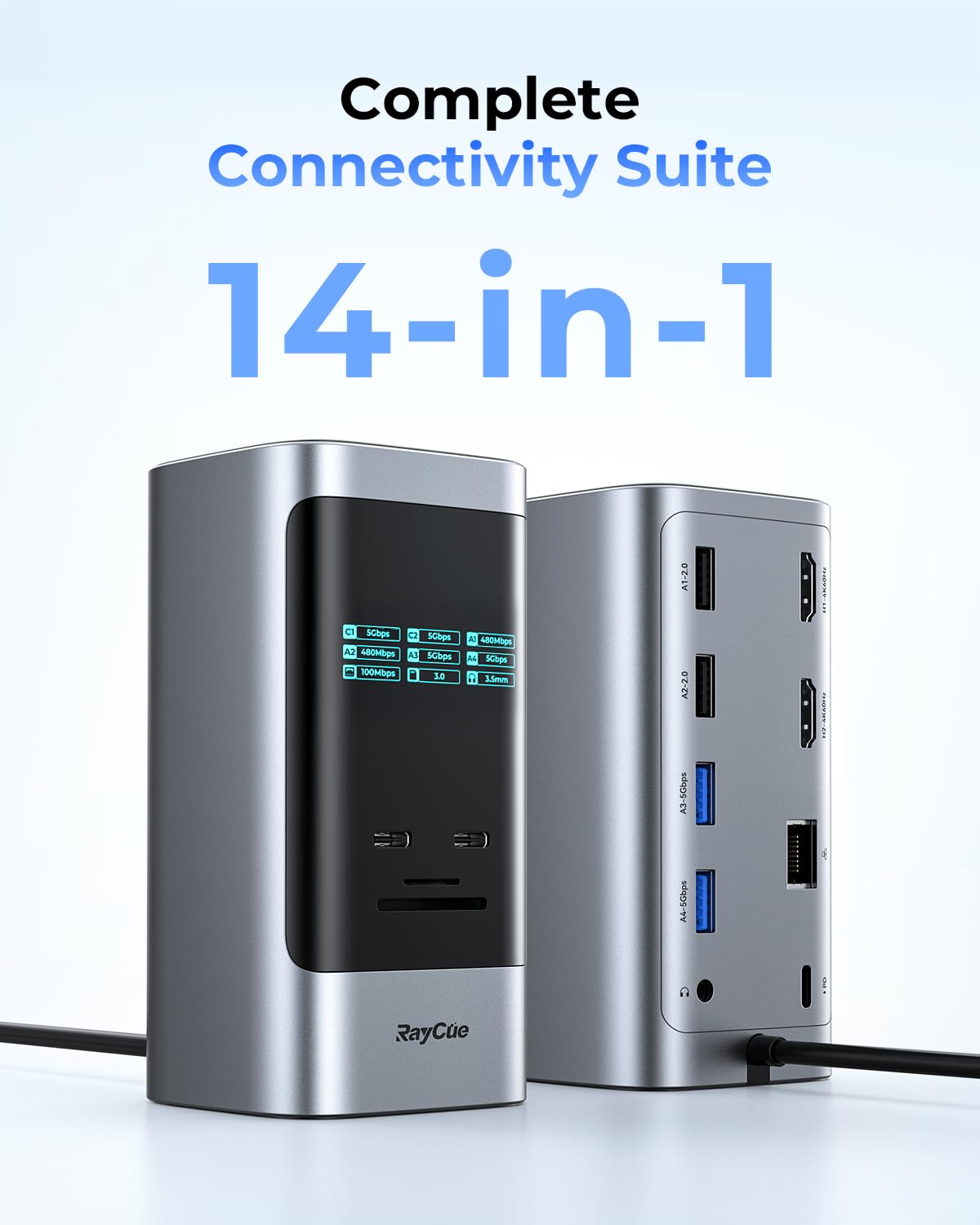 RayCue Estación de acoplamiento 14 en 1 con monitor dual, 2 HDMI 4K, 6 puertos USB, 5 botones de acceso directo, Ethernet de 1 Gbps, PD3.0 (sin adaptador de corriente), estación de acoplamiento para