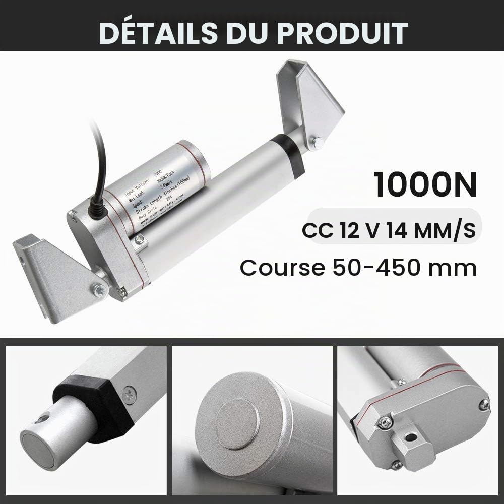 DCHOUSE Actionneurs à mouvement linéaire, 1000N jusqu’à 350mm de trajet maximale, Tension nominale 12V DC, Convient à usage électronique, médicale ou d'automatisation.