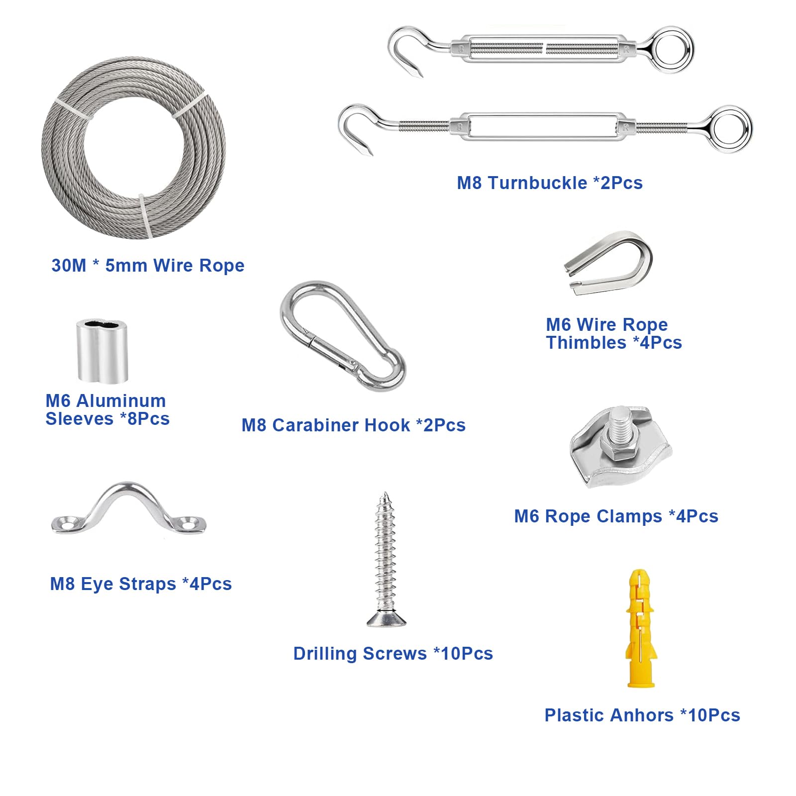 30M Set di fune metallica in acciaio inox 304, 5mm Fune Acciaio in PVC Rivestito con Tenditore M8, per Stendibiancheria, Giardino, Tende