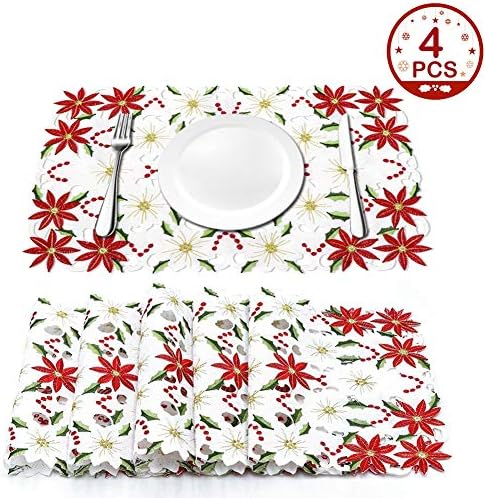 Wmbetter Christmas Poinsettia Placemats/Holiday Table Placemats/Embroidered Place Mats 11 x 17Inch for Christmas Centerpiece Table Decorations Set of 4