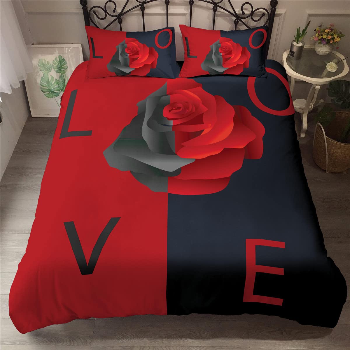 Housse de couette rose flower sans repassage parure lit microfibre 2 taies
