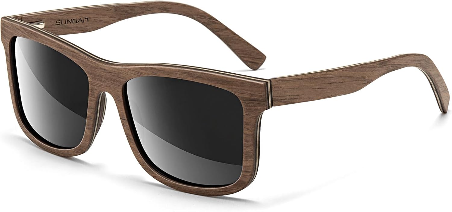 SUNGAIT Brown/Black Oak Wood Polarized Sunglasses Classic Retro Square Shades for Men Women Driving Gifts