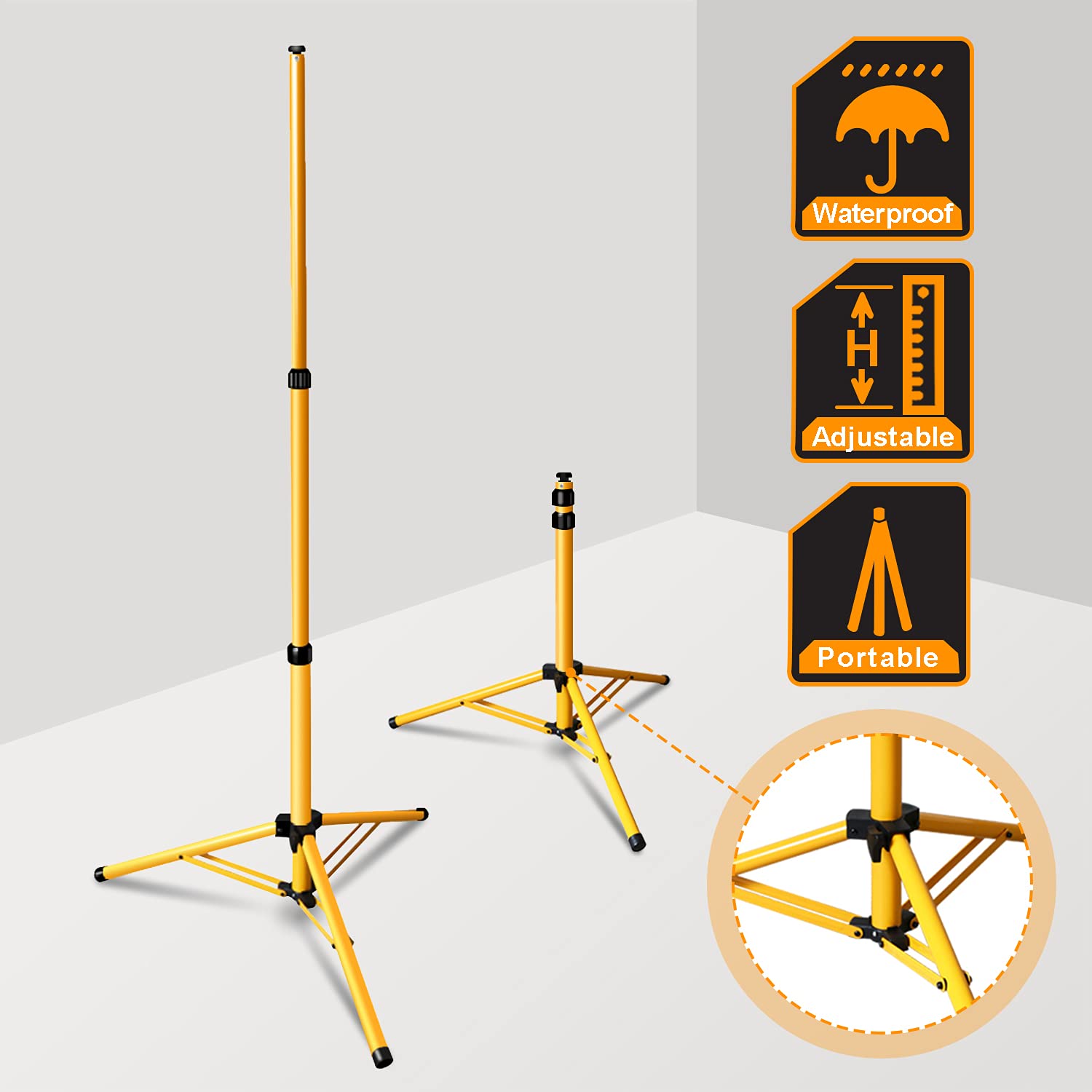 Fiqops Trípode para focos de construcción, trípode telescópico de acero, altura regulable, luz de trabajo, soporte de acero, color: amarillo
