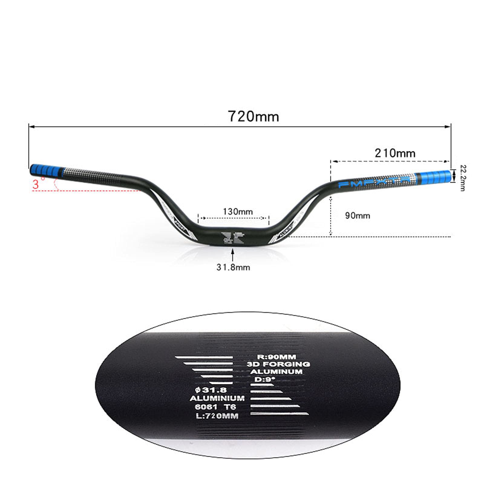 Generic Manubrio Leggero per Mountain Bike MTB Down Hill DH Bicicletta Barra Riser Extra Lunga 31,8 mm 720 mm Manubrio rialzato Alto - 720mm Blu