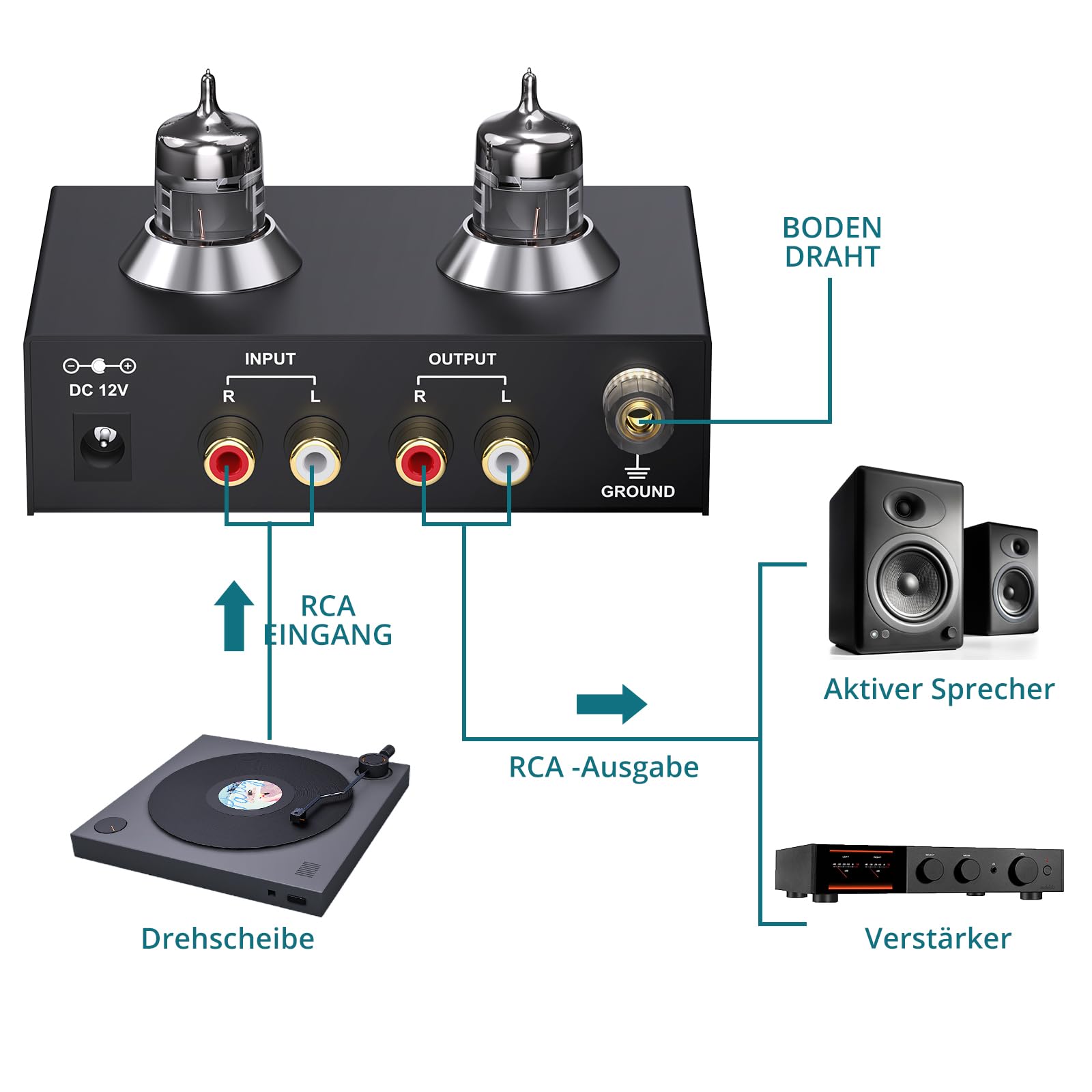 Röhren-Phono-Vorverstärker MM Plattenspieler-Vorverstärker 6J2 Vakuum Hi-Fi Kopfhörerverstärker für Heimkino/Plattenspieler/Stereo-Verstärker/Aktiver Lautsprecher