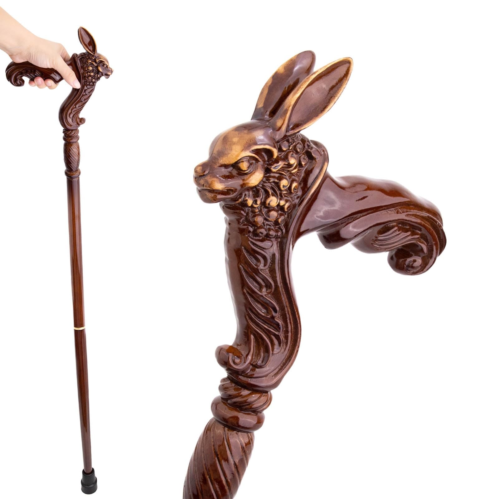 Handgeschnitzter Gehstock Aus Holz Mit Hasenmotiv, Ergonomischem Griff und Gummispitze für Damen und Herren – Modischer und Exklusiver Gehstock für Senioren – 95,5 cm