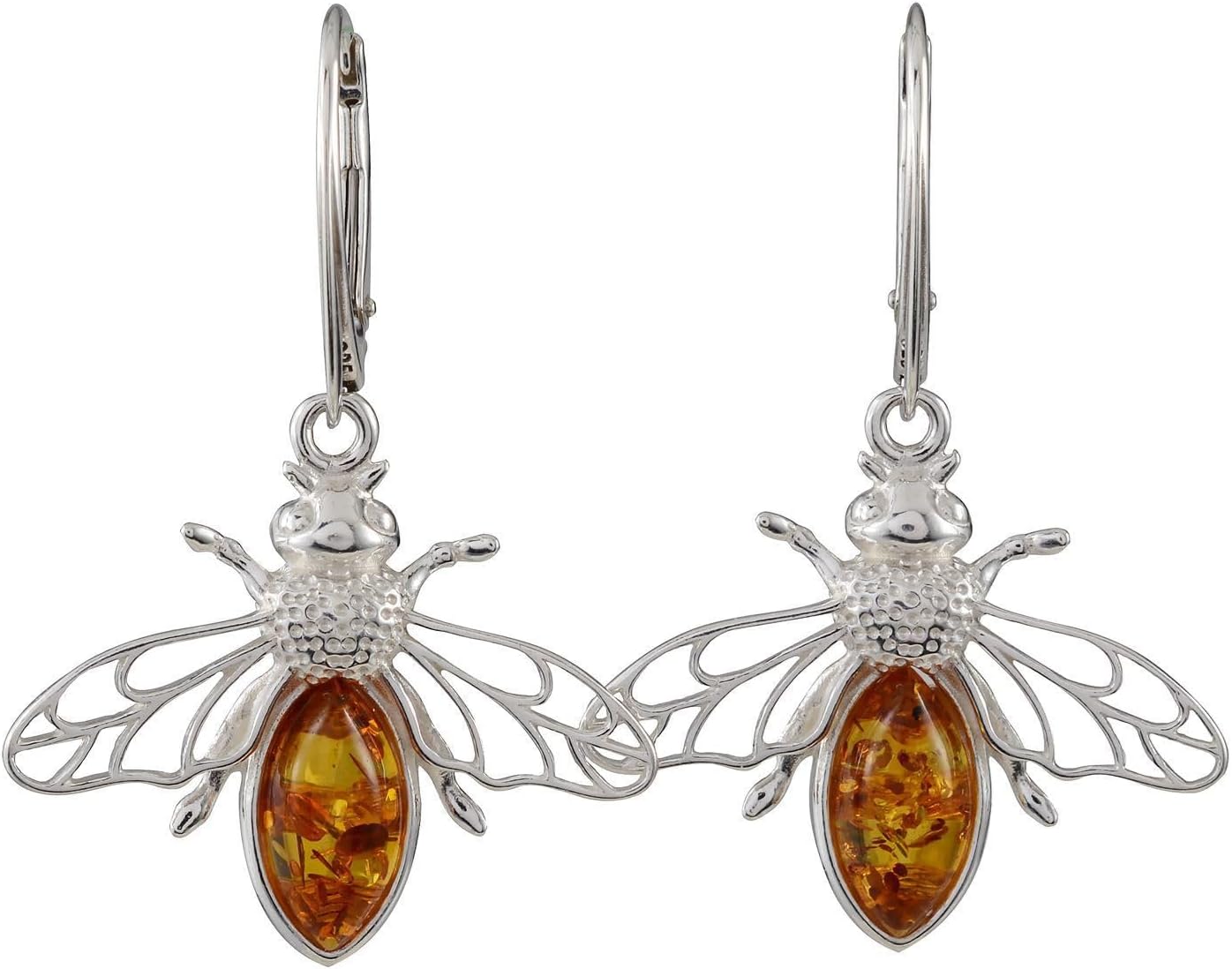 Amber Earrings - GIA Certified French Leverback Baltic Amber Dangling Earrings "Bumble Bee" - Sterling Silver Jewelry Collection
