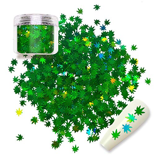 Allstarry Paillettes vertes en forme de feuilles de mauvaises herbes - Paillettes holographiques fluorescentes - Pot de 10 g - Pour festival, rave, visage, corps, décoration des ongles Cover