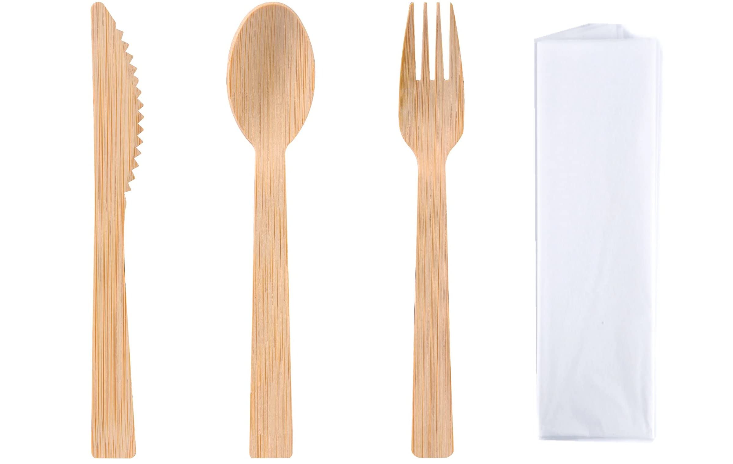 100 Pcs - Kit Couverts Bambou 4 En 1 - Couteau, Fourchette, Cuillère, H: 170 Mm