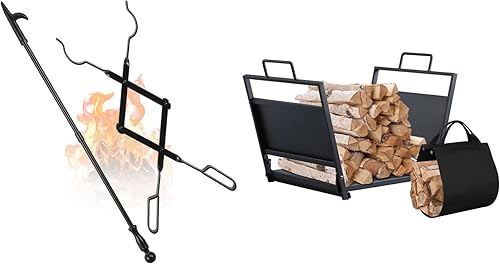 FEED GARDEN Juego de pinzas para chimenea de 32 pulgadas y pinzas para chimenea de 26 pulgadas, estante de leña de 18 pulgadas