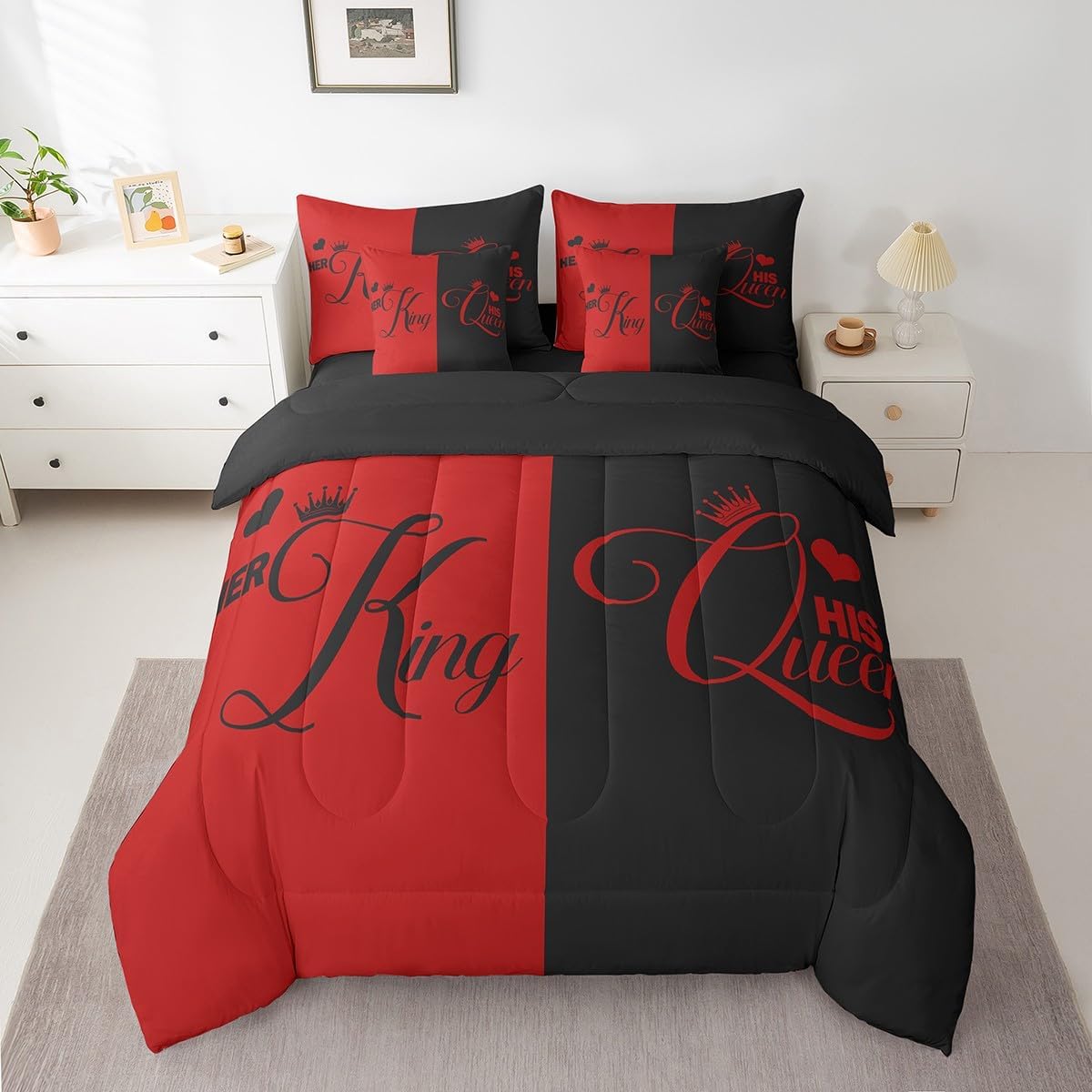 King and Queen Crown Bed in a Bag King Size Comforter Set 7 Pieces,Her King and His Queen Bedding Set,Romantic Valentine's Day Sheet Set 50th Anniversary Decorations,Couple Gifts for Him and Her